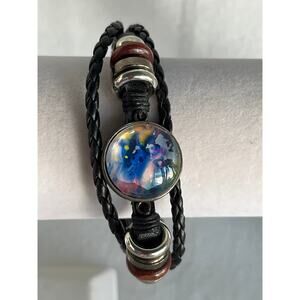Hand Painted Adjustable Braided Leather Charm Bracelet Glass Dome Jewelry